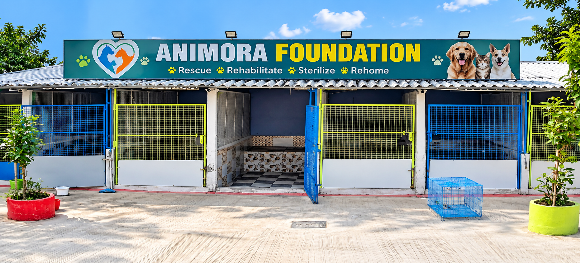 Concept illustration of a shelter entrance with Animora Foundation signage