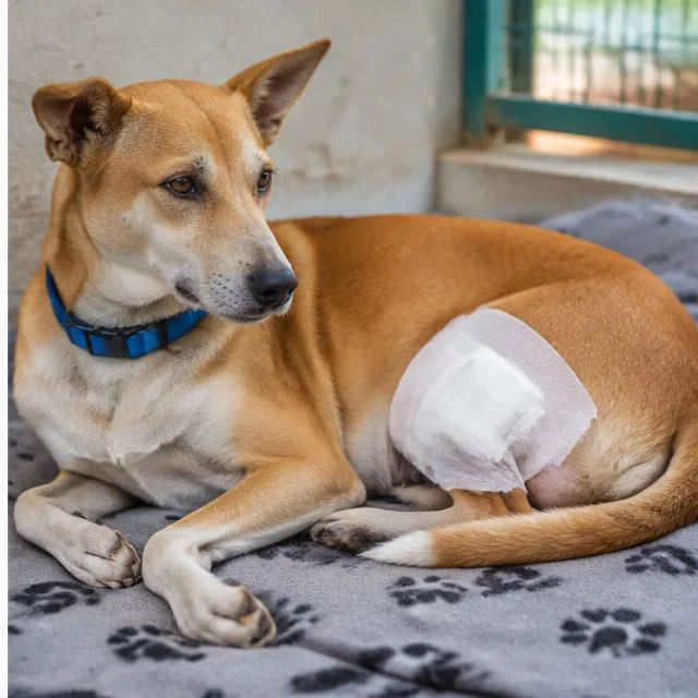 Dog resting after veterinary care in an awareness scene
