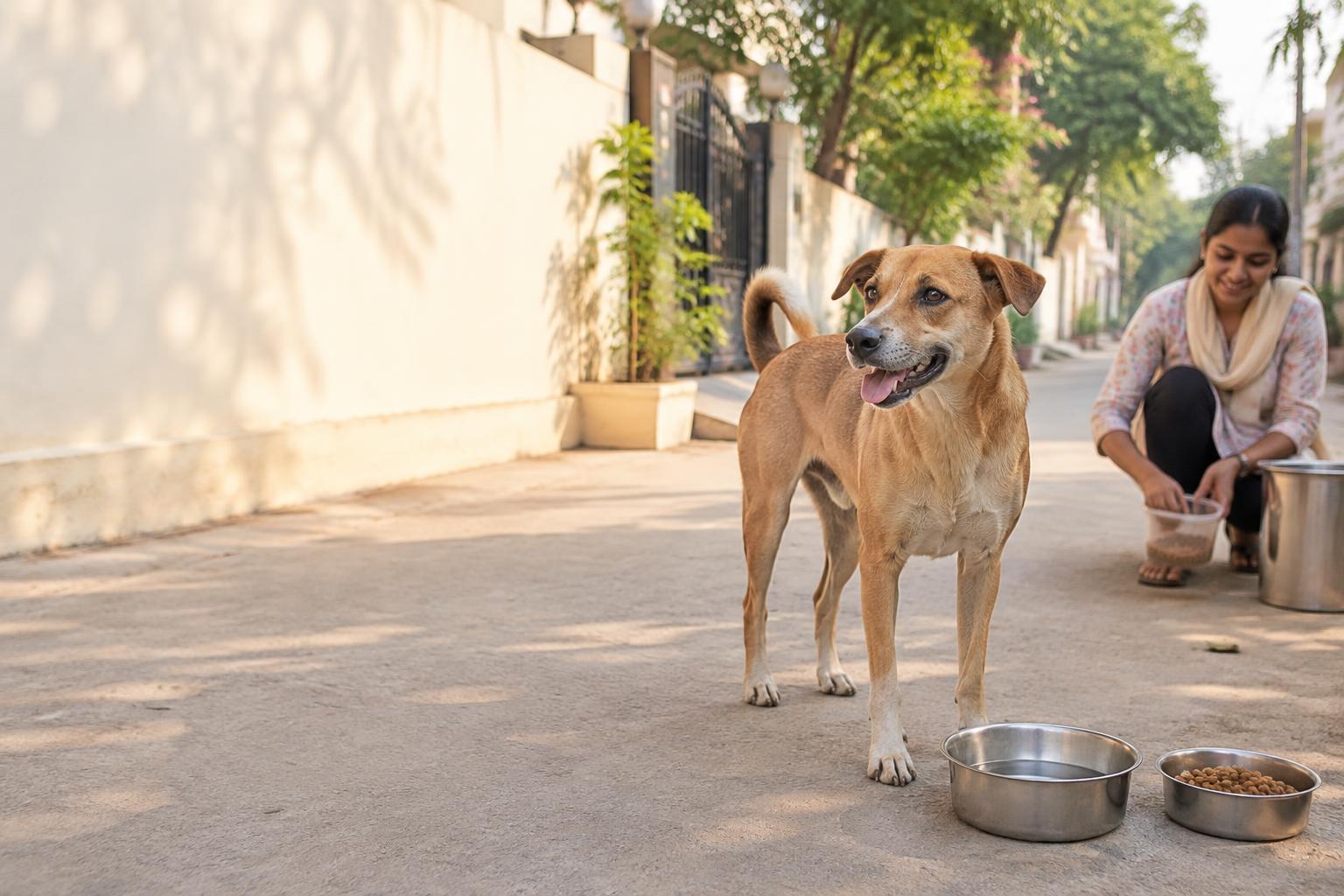 An Indie dog beside food and water bowls while a volunteer prepares a meal on a residential lane
