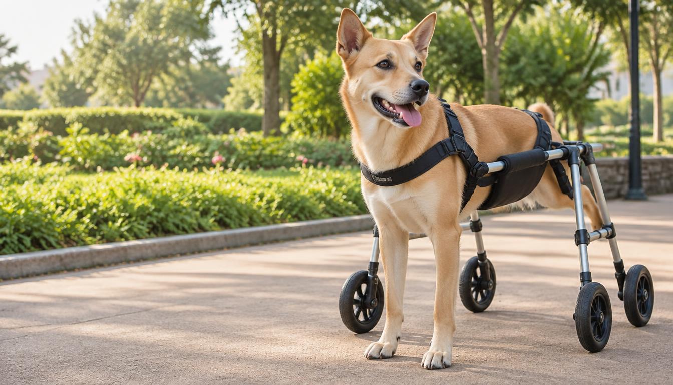 Indie dog supported by a four-wheeled mobility cart